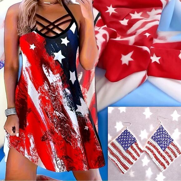 Patriotic Set l Sundress & Mesh Earrings l Criss-Cross Design l OX l New - Picture 10 of 10